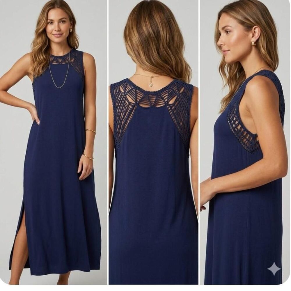 Hayden Los Angeles navy blue maxi dress with crochet details. Size M #boho #fest